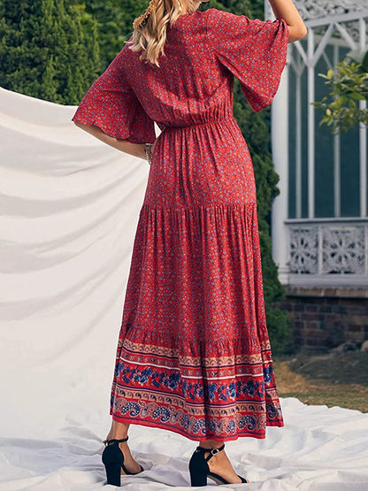 Maxi Length Boho Print Short Bell Sleeves V Neck High Waisted