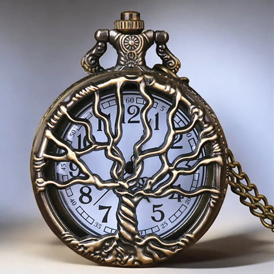 Vintage Hollow Tree Pocket Watch Unique Style With Necklace Chain Clock Retro