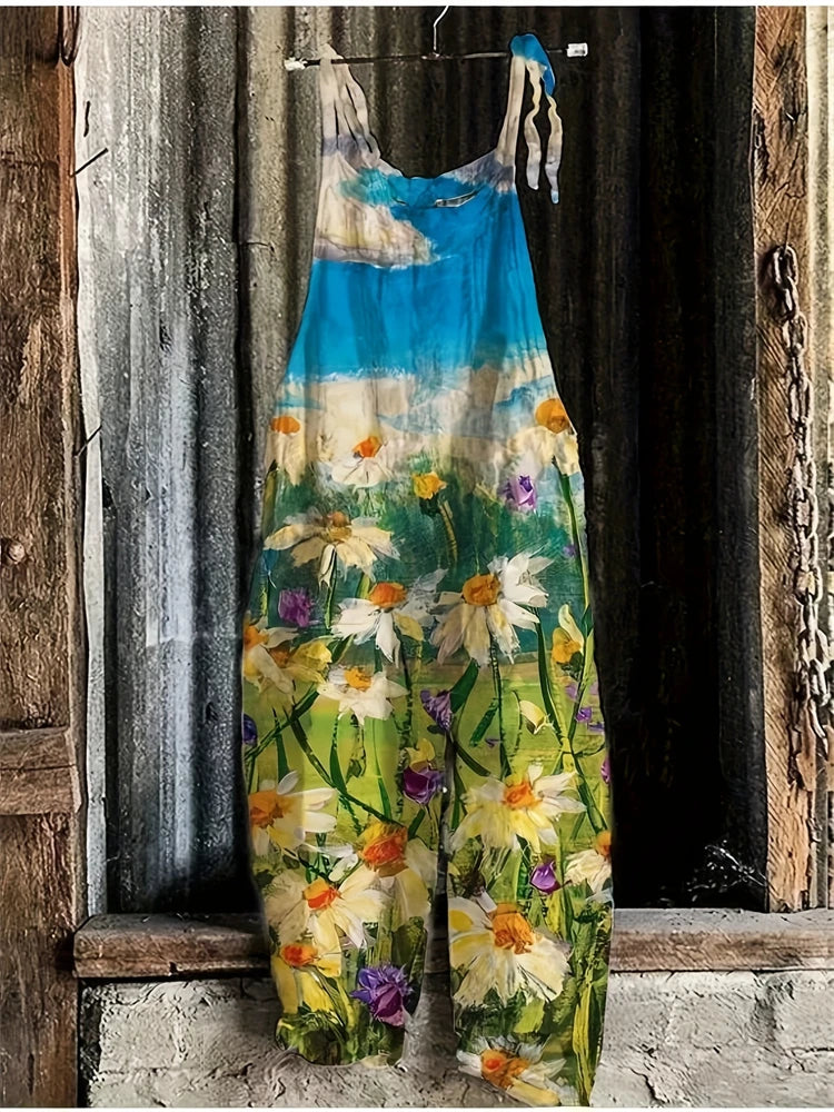 Sling Jumpsuit, Tie String Straps, Floral Printed, Wide Leg Pants, Casual Outdoor, Loose,  Comfortable, Breathable