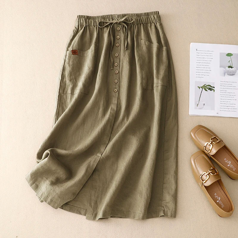 Retro Cotton Linen Elastic and Drawstring Waist Skirt, with Pockets