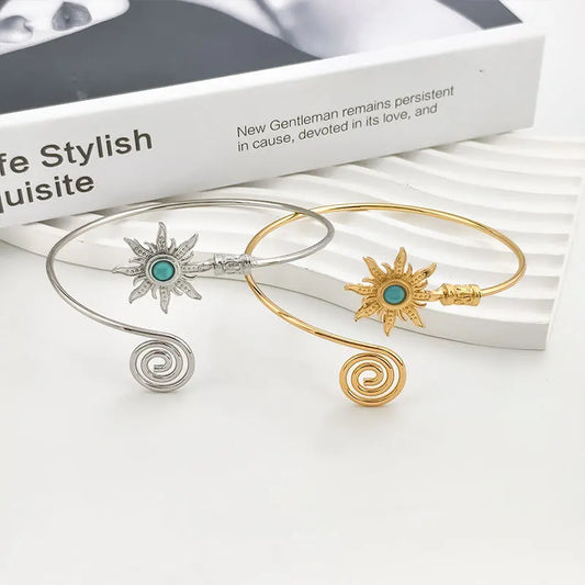 Retro Sunflower Turquoise Cuff Bracelet  Twist Line Wide Open Arm Cuff