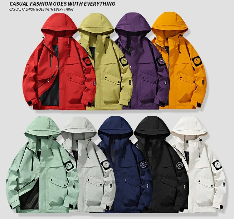 Lightweight, Wind and Waterproof Hooded Jacket. Velcro Banded Sleeves, 9 Colors
