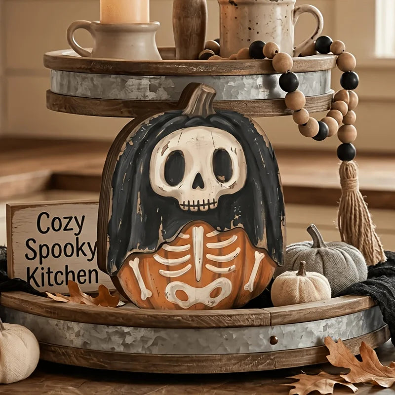 Halloween Interior Autumn Decorations, Retro Wooden Blocks, Shelf Decoration: Ghosts Black Cats, Pumpkins, Skeleton's Witch