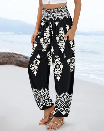 Boho High-Waisted Smocked Harem Pants With 6 Different Floral or Geometric Prints, Side Pockets, and Elastic Cuffs