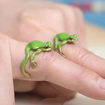 Green Enamel Frog Open Ring  Adjustable Finger Jewelry