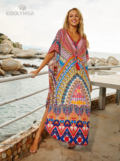 Embroidered 3/4 Sleeve Cotton Kaftan Swimsuit Cover Up Lounging Robe . 14 Designs