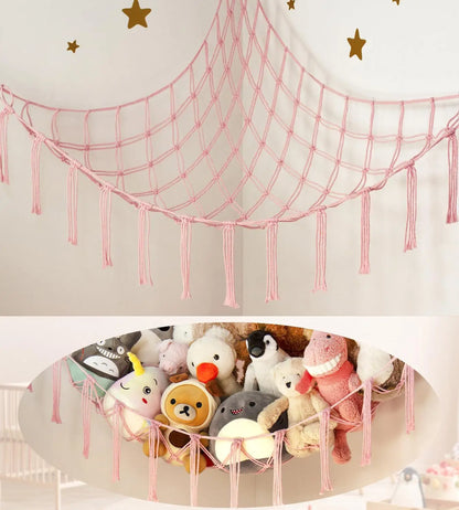 9 different colors of this Boho Macrame Stuffed Animal Hammock Cotton Tassel Toy Storage Net, Hanging Organizer