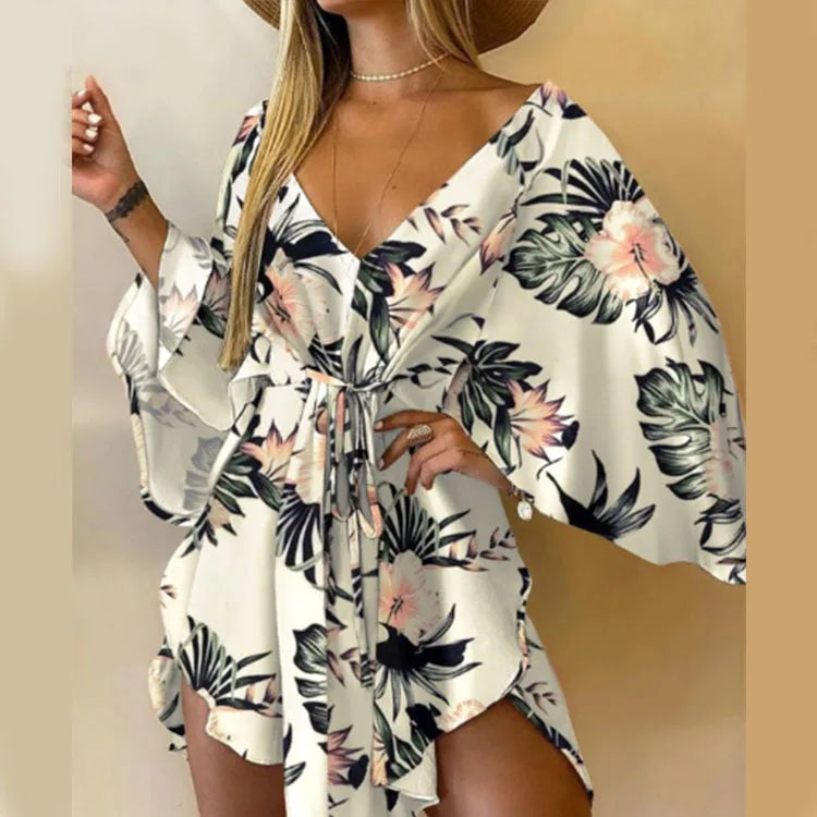 Boho Print Mini Dress or Beach Cover-Up in 12 different Prints, V-Neck, Bat Sleeves, Short Angular Hem, Gathered Waist