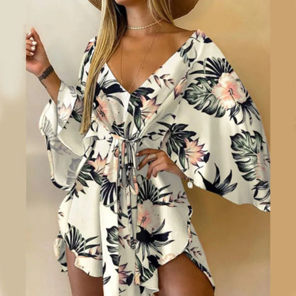 Boho Print Mini Dress or Beach Cover-Up in 12 different Prints, V-Neck, Bat Sleeves, Short Angular Hem, Gathered Waist