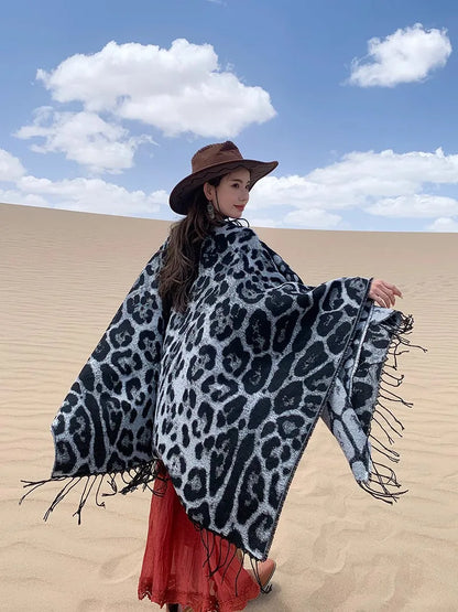 Vintage Boho Leopard Print Soft Over-the-Head Cloaks With Tassels
