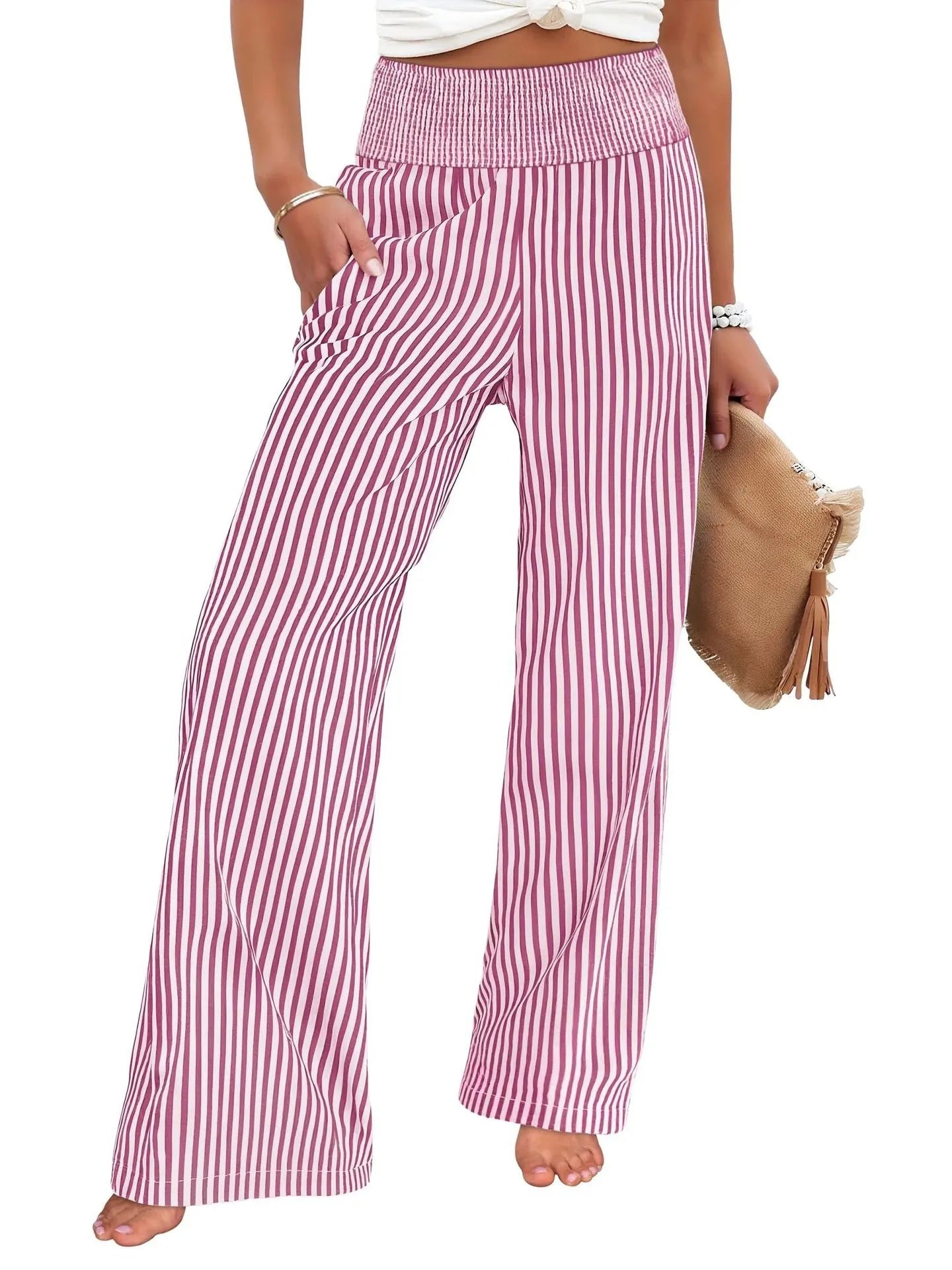 Sizes to 2XL Loose Striped Casual Straight Leg High Waisted Pants Available in 8 Colors
