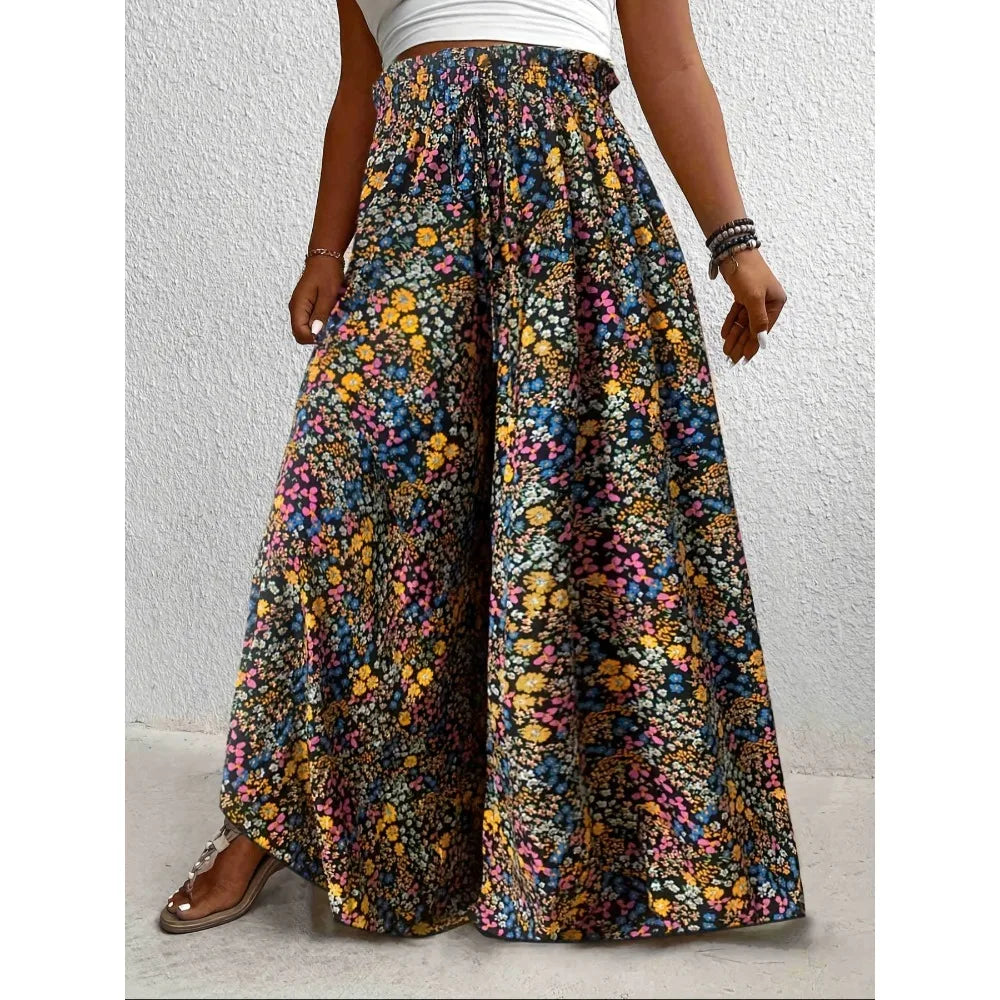 Plus Size 1XL-5XL  Boho Floral Print Wide Leg Pants, Elastic and Drawstring High Waisted Loose Long Trousers