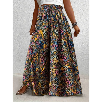 Plus Size 1XL-5XL  Boho Floral Print Wide Leg Pants, Elastic and Drawstring High Waisted Loose Long Trousers