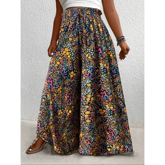 Plus Size 1XL-5XL  Boho Floral Print Wide Leg Pants, Elastic and Drawstring High Waisted Loose Long Trousers