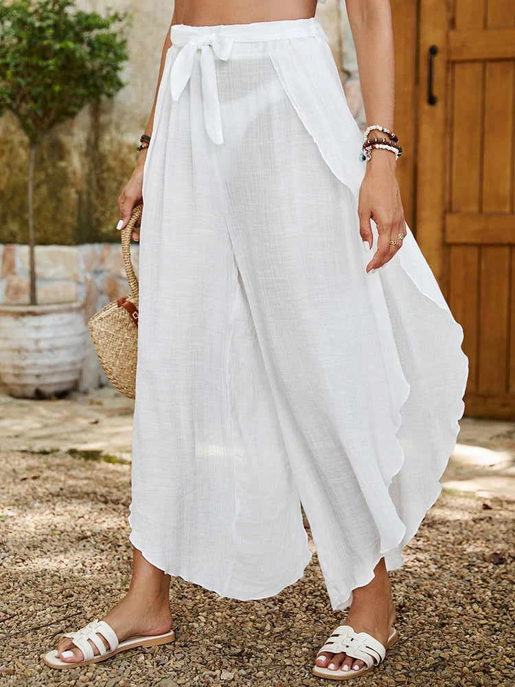 Elastic Waist Loose Wide Long Angular Ruffled Pants with Slit Sides, Mesh, See-Through