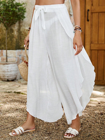 Elastic Waist Loose Wide Long Angular Ruffled Pants with Slit Sides, Mesh, See-Through