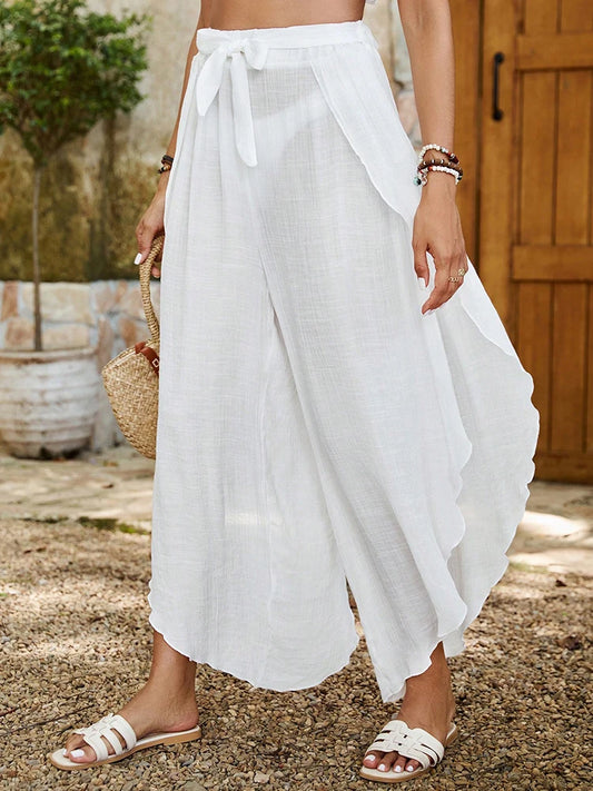 Elastic Waist Loose Wide Long Angular Ruffled Pants with Slit Sides, Mesh, See-Through