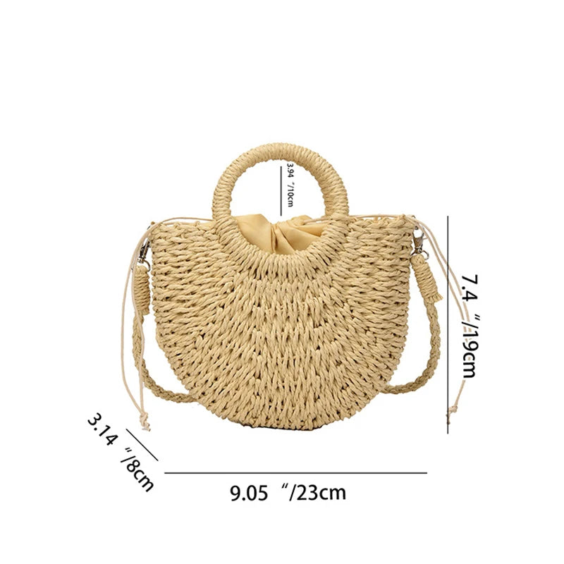 Handwoven Straw Rattan Half-Moon Beach Handbag or Crossbody Shoulder Bag. 4 other colors