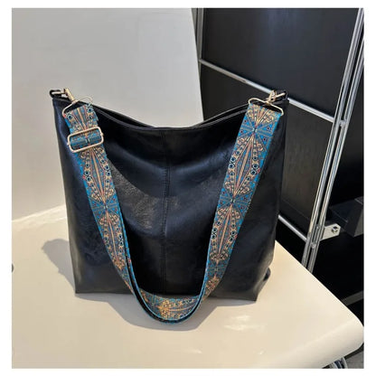 Boho Chic Faux Leather Shoulder Bag Large Capacity Crossbody Tote with Vintage Wide Adjustable Strap