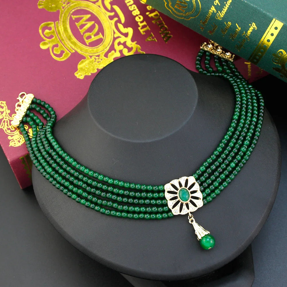 Beaded Choker Necklace Moroccan Square Metal Pendant
