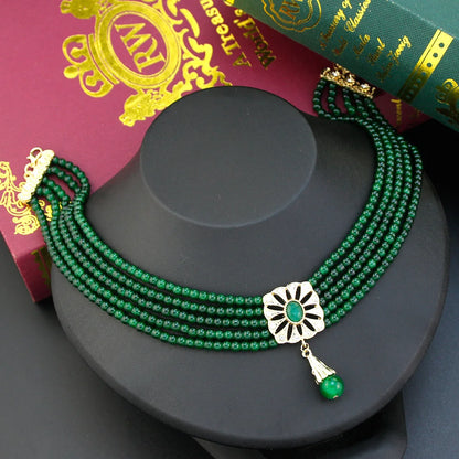 Beaded Choker Necklace Moroccan Square Metal Pendant
