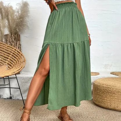 Bohemian Midi Skirt, High Waisted, Solid Colors, Casual with Side Slit, 3 Colors