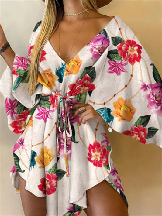 Boho Print Mini Dress or Beach Cover-Up in 12 different Prints, V-Neck, Bat Sleeves, Short Angular Hem, Gathered Waist