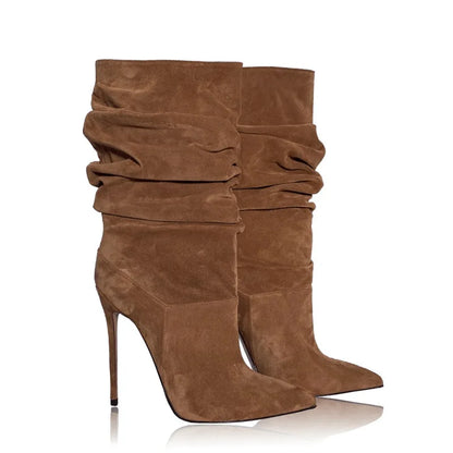 Women Beige Suede Slouch Pointed Toe Stiletto Ankle Boots in Multi-colors: Red, Hot Pink, Grey, Black, Green, Brown, and Purple