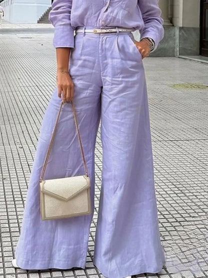 Boho Cotton/Linen High Waisted Wide Legged Pants with Pockets in Lavandar,  White, and Teal