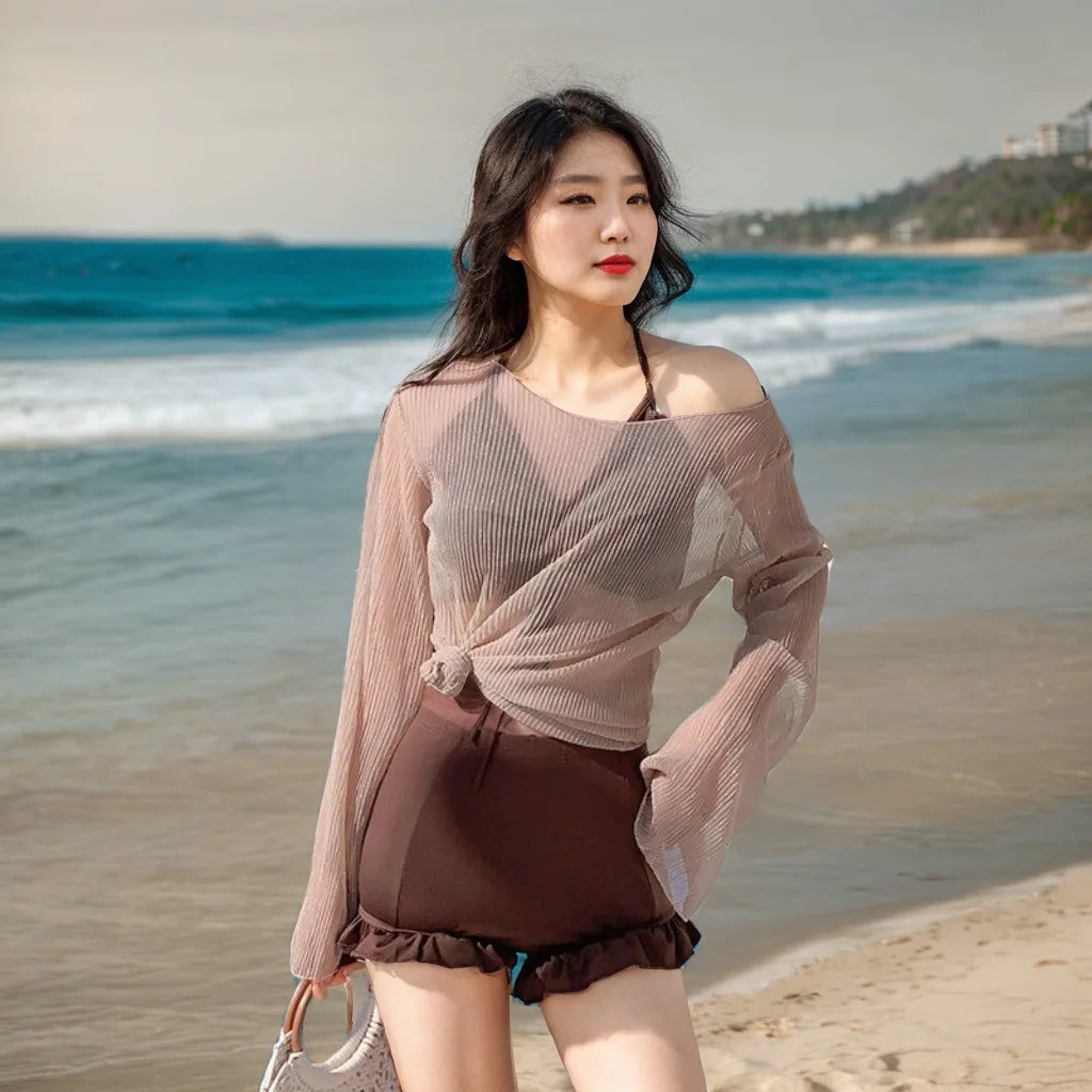One piece swimsuit with attached skirt Waist Tightening for slimming