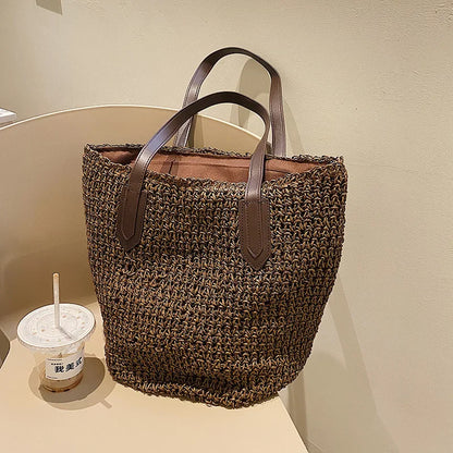Handmade Rattan Woven Shoulder Bags Large Capacity Boho Straw Bag