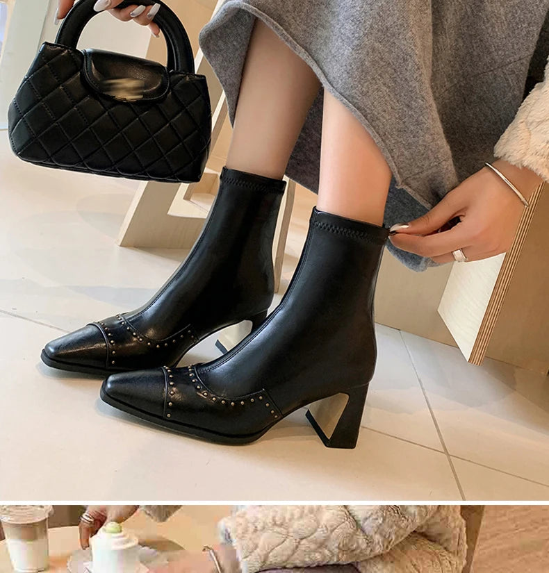 Rivetted Boots with Square Toes and Chunky Heels. Over the Ankle Stretch Tops