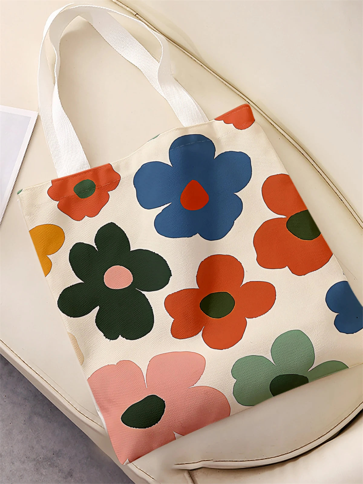 Flower pattern printed casual tote bag, reusable, fashionable, multifunctional handbag, canvas shopping bag