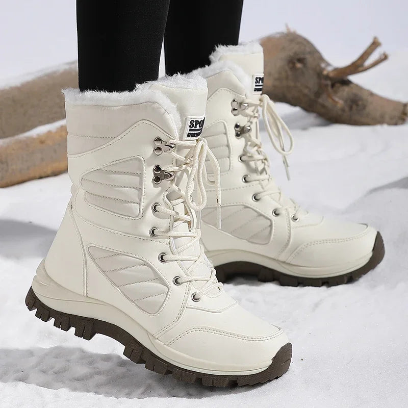 High-top Waterproof Snow Boots, Thick Plush Warm Insoles, Tie Up, Come in Army Green, White, and Black
