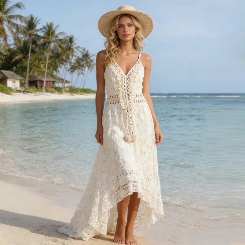 Bohemian Summer Casual V Neck Lace Spaghetti Strap Sundress with High/Low Hem