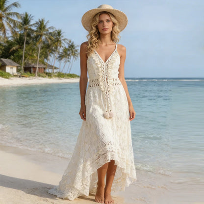 Bohemian Summer Casual V Neck Lace Spaghetti Strap Sundress with High/Low Hem