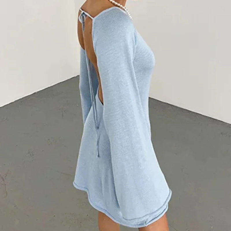 Backless Round Collar Cover-Ups Sheer Beachwear Stylish Horn Sleeve Wrap Dress