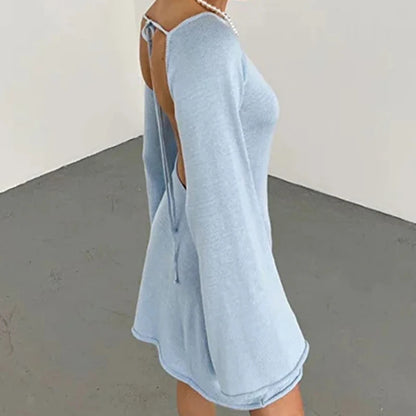 Backless Round Collar Cover-Ups Sheer Beachwear Stylish Horn Sleeve Wrap Dress