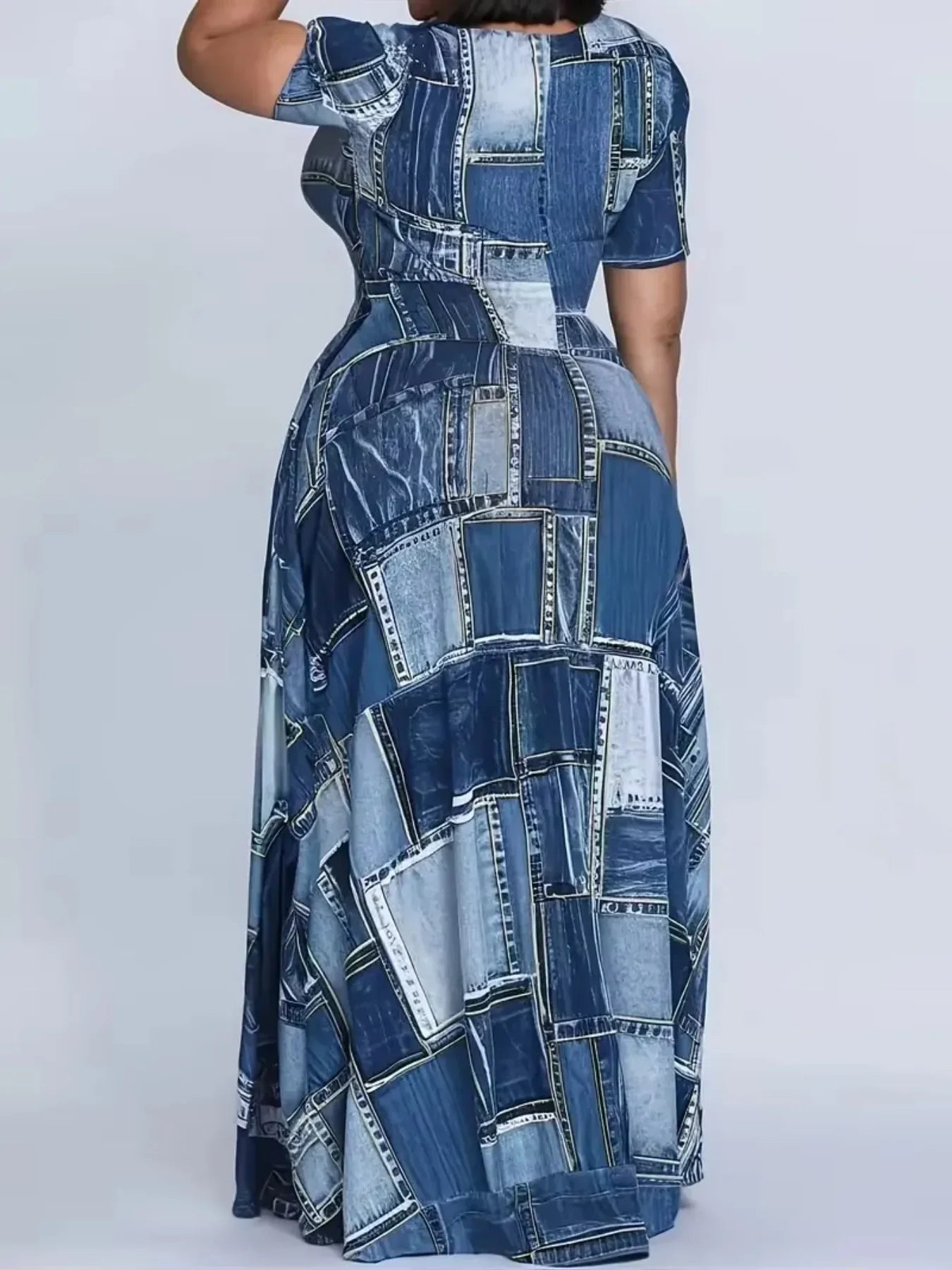 Sizes 1XL-5XL Casual Print Round Neck Short Sleeved Flared Hem Long Dress