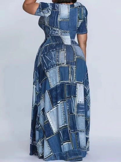 Sizes 1XL-5XL Casual Print Round Neck Short Sleeved Flared Hem Long Dress