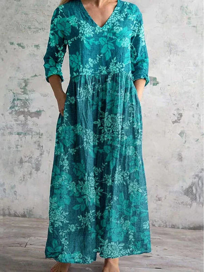 Sizes to 5XL Hot Sale Printed, V-neck, Long Sleeve dress with Pockets