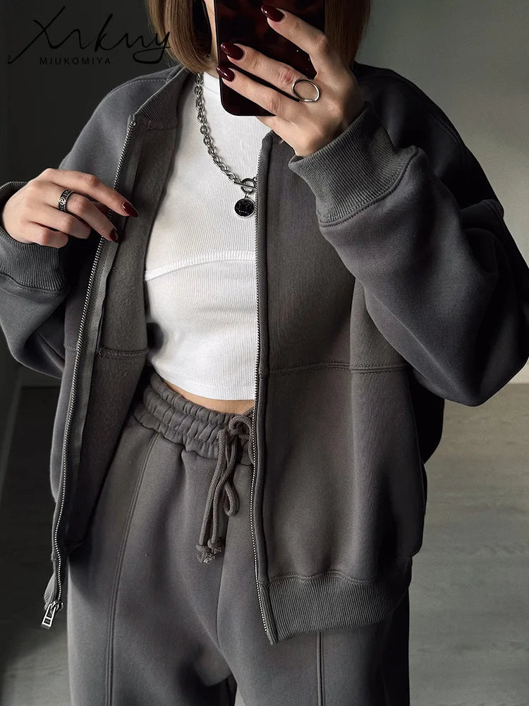 Warm 2 Piece Sweatsuits, Thick Fleece, Zipper Jacket, Batwing Sleeves, Clean Lines