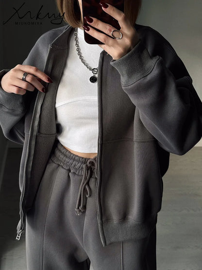 Warm 2 Piece Sweatsuits, Thick Fleece, Zipper Jacket, Batwing Sleeves, Clean Lines