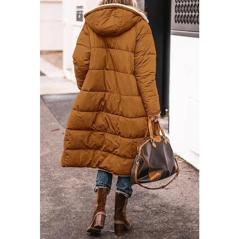 Reversible Sherpa Fleece, Long, Hooded Puffer Coats. Check colors: Brown, Green, Black, Burgundy, Light Gray