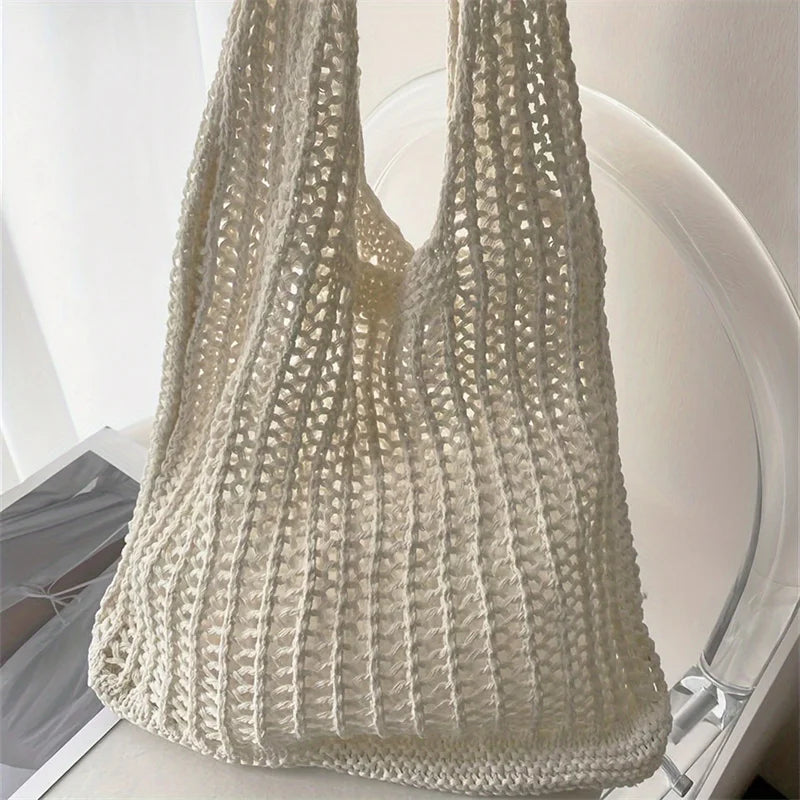 Solid Color Large Boho  Knit Shoulder Bag Crochet Tote