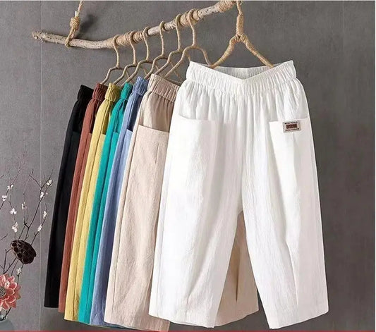 Cotton Linen Cropped 3/4 Length Pants, Loose, Linen with Elastic Waist and Pockets