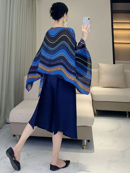 Pleated Striped Shawl, Fashionable Striped, Casual Outerwear, Versatile, Bat Sleeve Cape