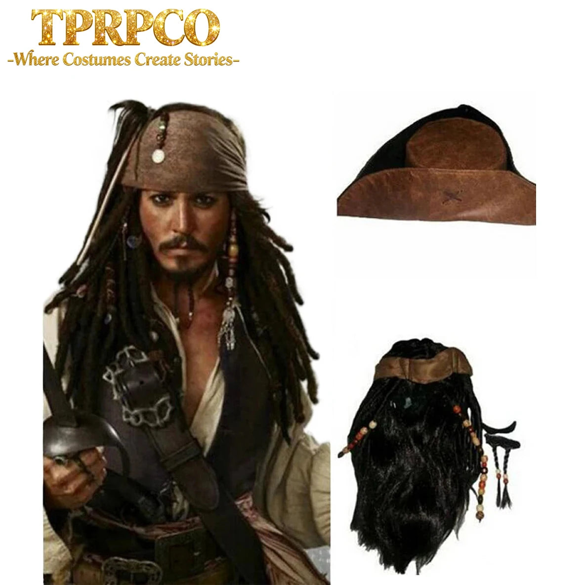 Pirate Captain Jack Sparrow Wig and Hat, Pirates of the Caribbean Cosplay Accessories