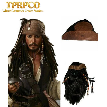 Pirate Captain Jack Sparrow Wig and Hat, Pirates of the Caribbean Cosplay Accessories