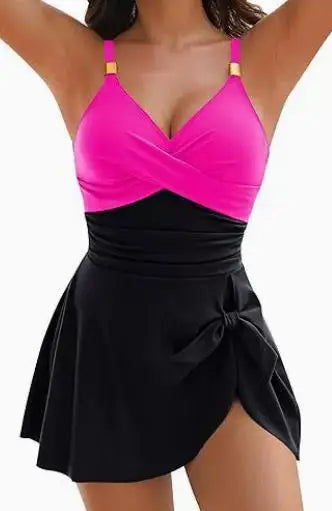 8 Colors to 2XL  in this Tummy Control One Piece Swim Dress